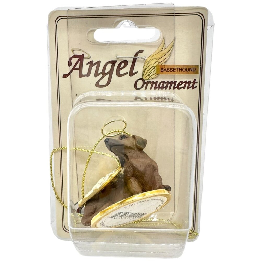 Basset Hound Angel Ornament Handcrafted Brown Dog with Gold Wings and Halo